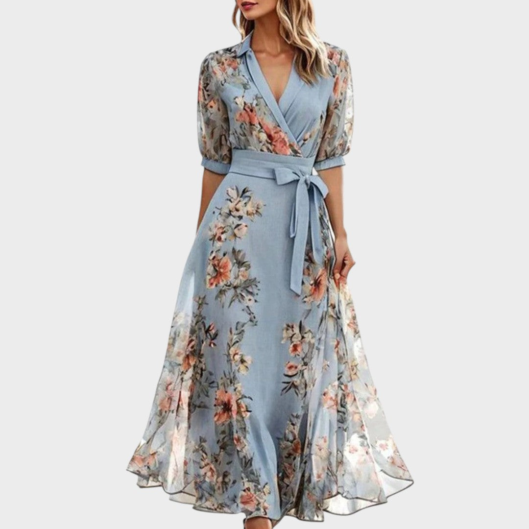 Ника - Цветна миди рокля с V-образно деколте