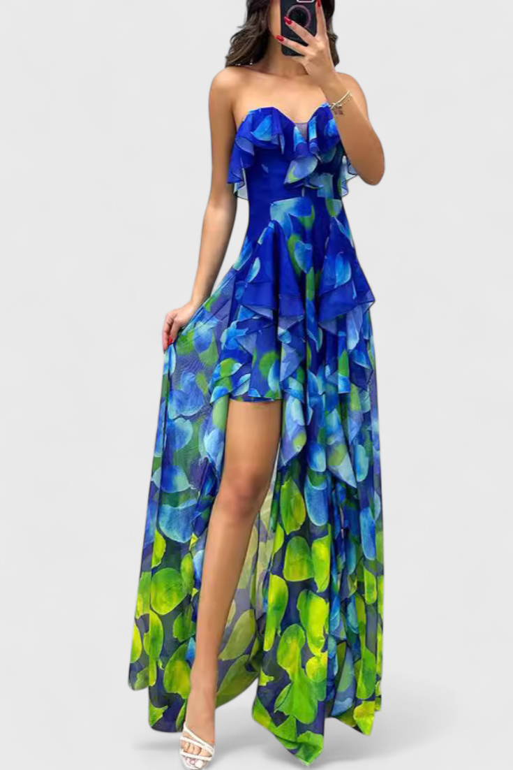 Зринка Макси Рокля без Ръкави с Волани и Градиентно Отворена