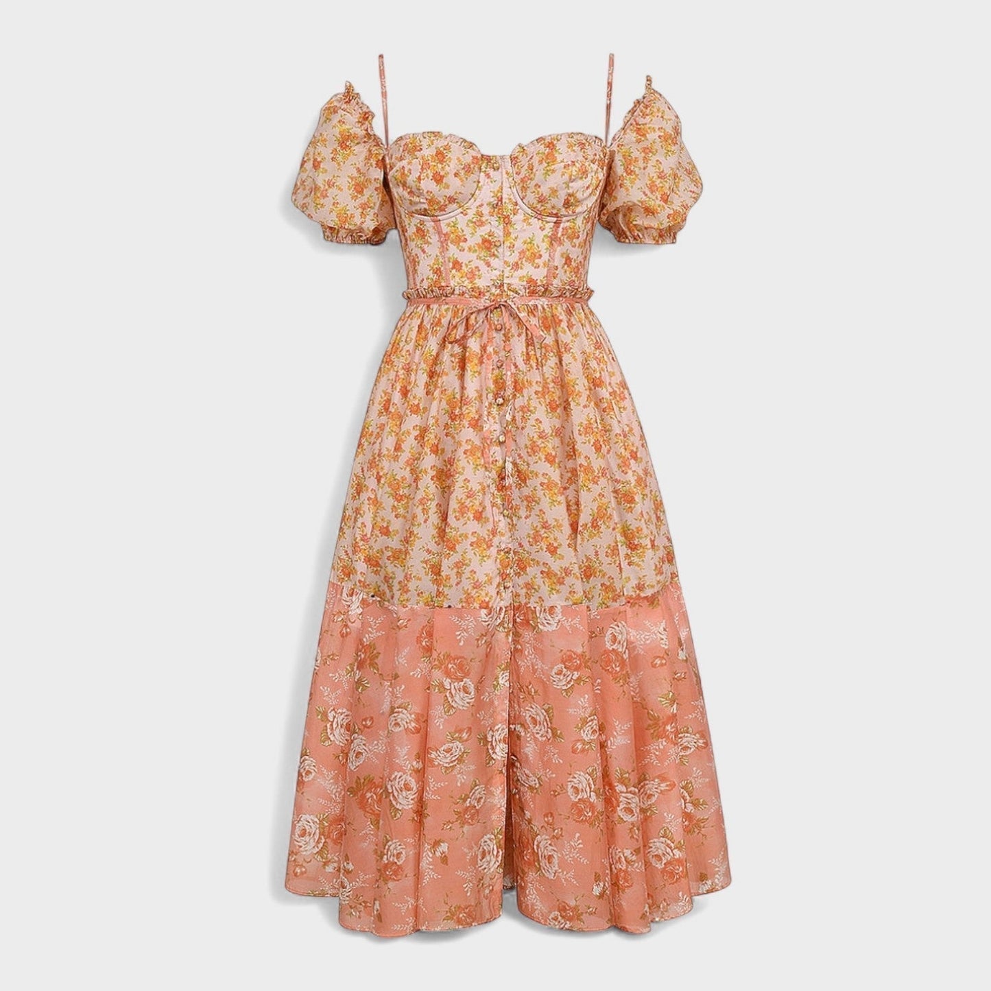 Валентина - Цветна рокля в коралов цвят