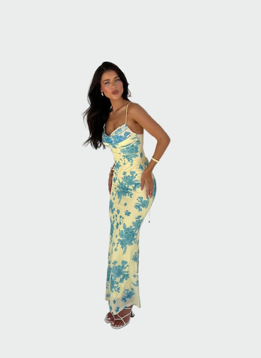 Сатенена Рокля с Цветен Узорм