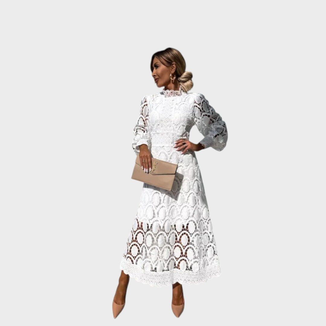 Даница - Чипкана рокля с обемни ръкави и висок яка