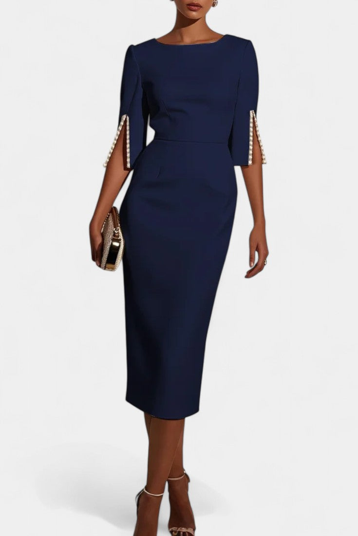 Весна Миди Рокля с Перлени Детайли и Кръгло Деколте