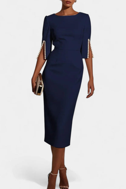 Весна Миди Рокля с Перлени Детайли и Кръгло Деколте