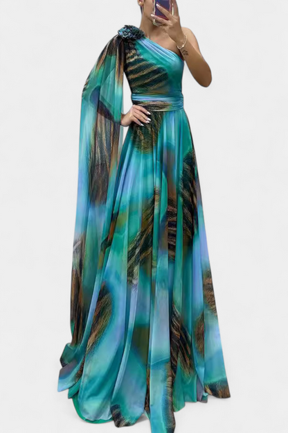 Дълга рокля Нивес с едно рамо и цветен детайл