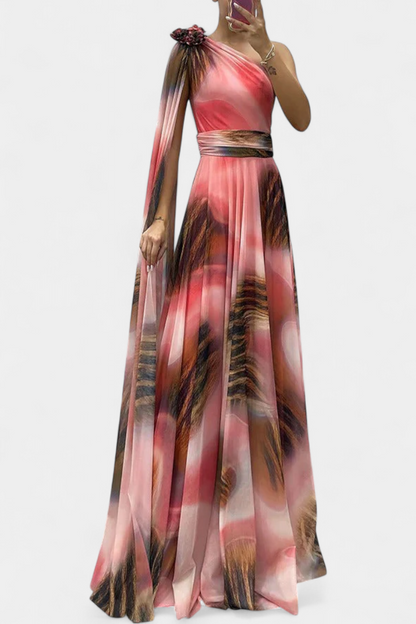 Дълга рокля Нивес с едно рамо и цветен детайл