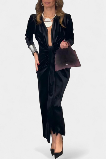 Вилма Дълга Рокля от Златен Бархет с V-Изрез