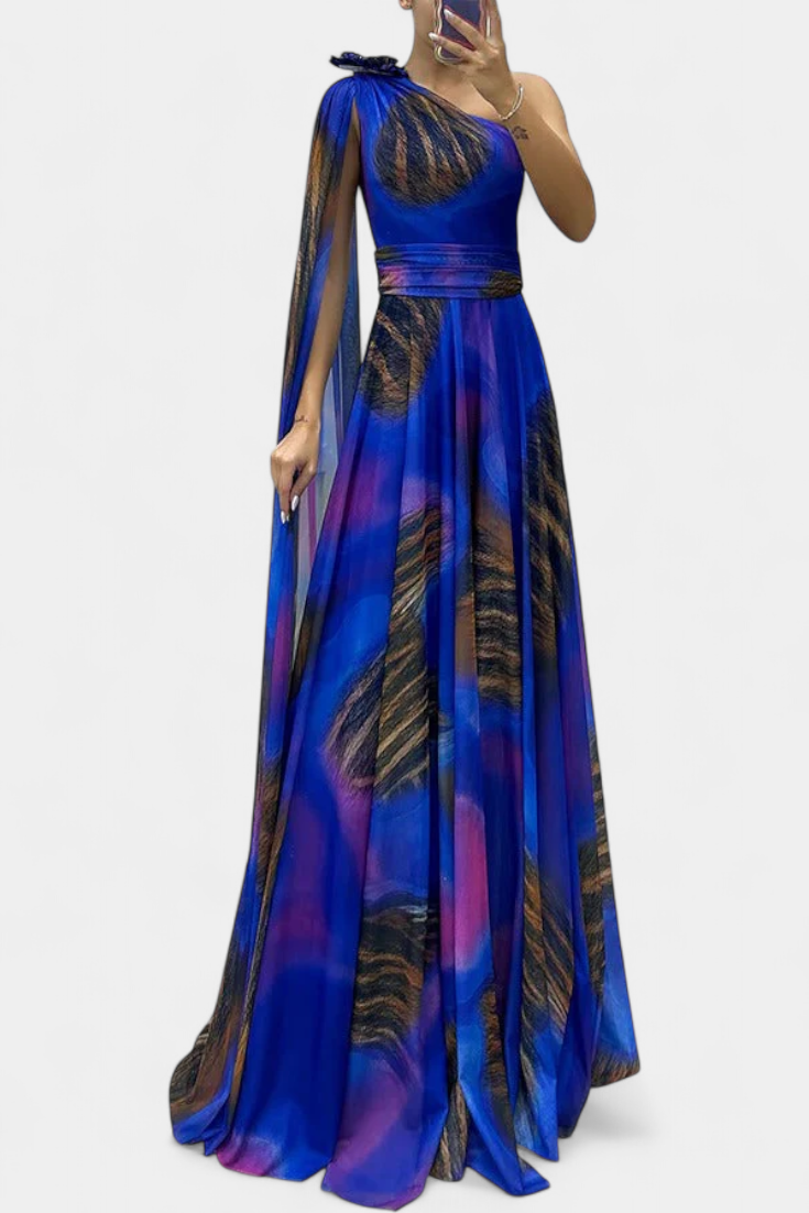 Дълга рокля Нивес с едно рамо и цветен детайл