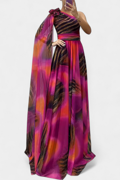 Дълга рокля Нивес с едно рамо и цветен детайл