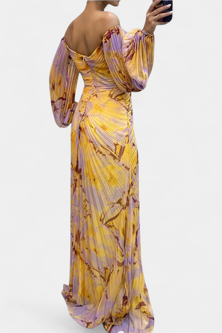 Леона Макси Рокля с Плисиране, Дълги Ръкави и Вибрантни Узорци